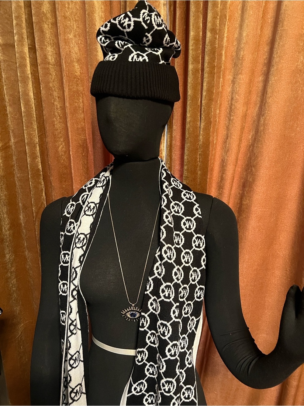 Michael Kors MK Black and White Monogram Knit Beanie and Scarf Set